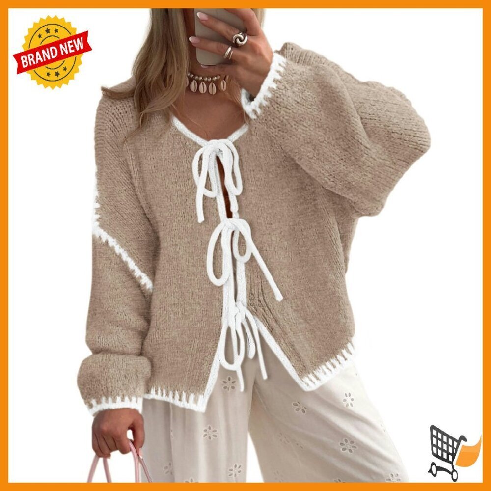 Chunky Knit Tie Front Cardigan with Puff Sleeves, Oversized Fit